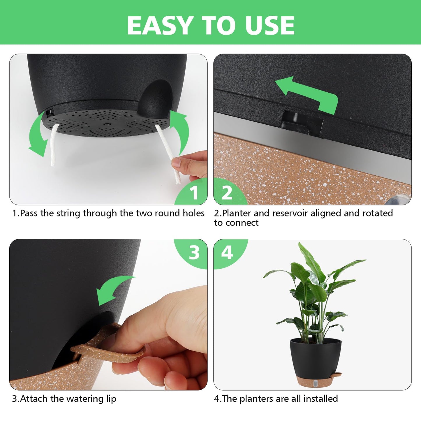 Self Watering Planter Set with Visual Water Level, 6Pack Small Plastic Pot with Drainage Holes and Reservoir Saucers, Modern 8+7+6.5+6+5.5+5 Inch Bottom Watering Flower Pots for Indoor Plant - Black