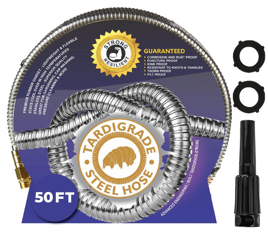 Tardigrade Metal Garden Hose 50 FT, Heavy Duty 304 Stainless Steel Water Hoses, Unmatched Durability, Flexible, No Kink & Tangle, Lightweight, Pet & Rust Proof for Outdoor Lawn Yard