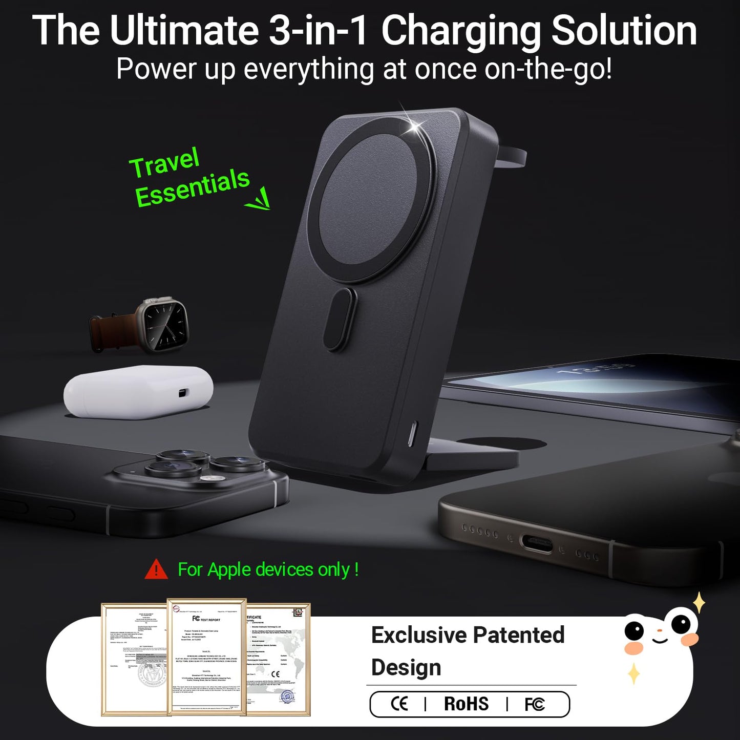 Kysson 5-in-1 Portable Charger, 10000mAh Foldable Power Bank Fast Charging,MagSafe Charger Battery Pack Magnetic,Travel Wireless Charging Station for iPhone 17/16/15/14/13/12,iWatch, Air pods, Black