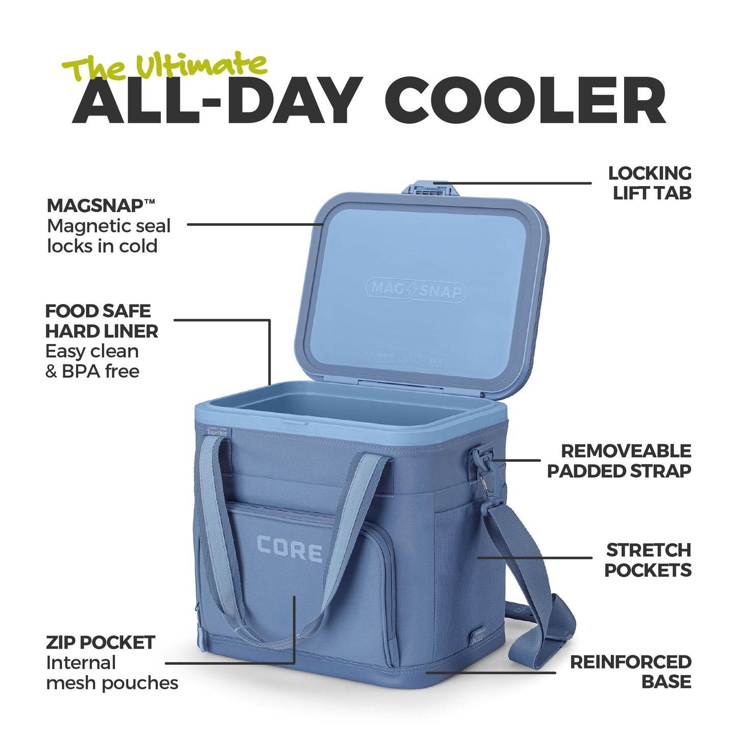 CORE Magnetic No Zip 24 Can Soft Cooler | Insulated Hard Liner Ice Chest Box | Best Portable Soft Cooler for Food & Beverages for Tailgating, Car Camping, and Family Beach Picnics (Steel Blue)
