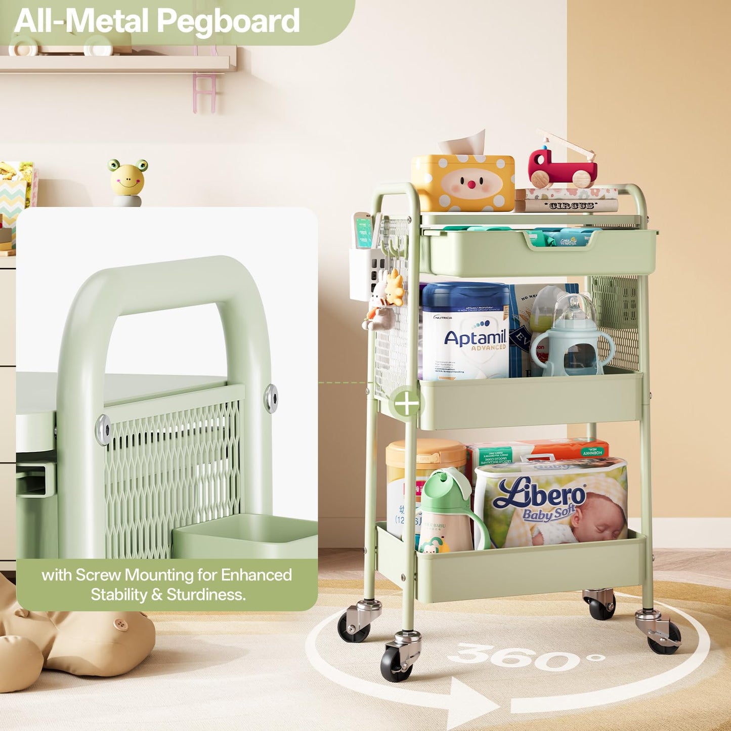 3 Tier Metal Rolling Utility Cart with Drawer & Pegboard - Multifunctional Storage Cart on Wheels with Tabletop, Hooks & Basket, Sturdy Craft & Art Cart for Bathroom, Bedroom, Children Room, Green