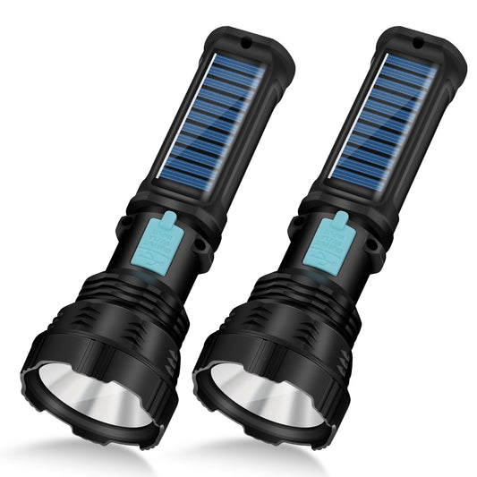 VOETIR Led Solar Flashlight, 1500 Lumens Led Solar Handheld Rechargeable Flashlights with IP65 Waterproof, 2000mAh Battery for Survival Emergencies Camping (2 Packs)