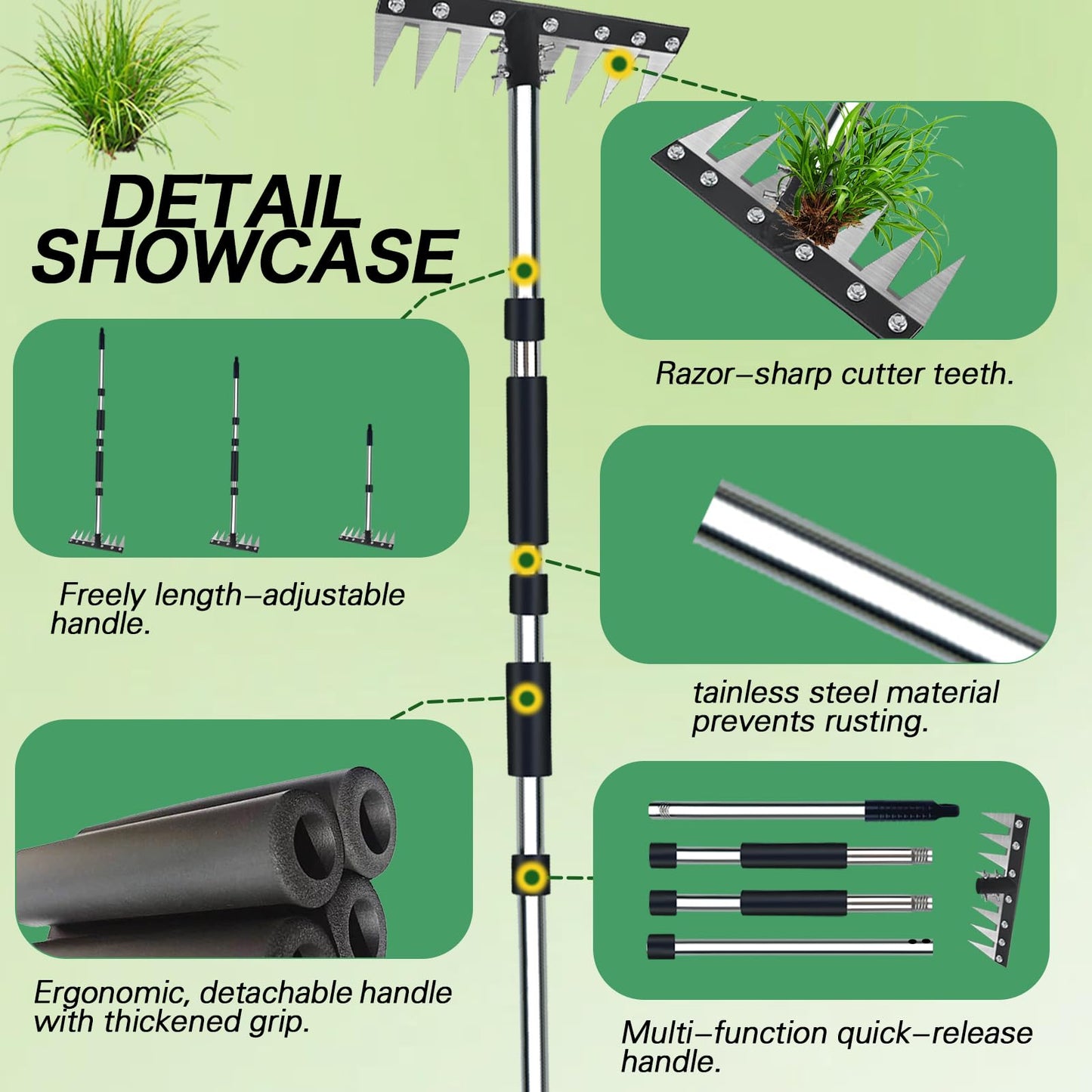 Upgraded 8 Tines Stainless Steel Weeding Tool, Thickened Version Manual Weeder Rake, Weeder Rakes with Adjustable Length Handle, Garden Weed Puller Tool for Weeding Loosen The Soil and Collect Fallen