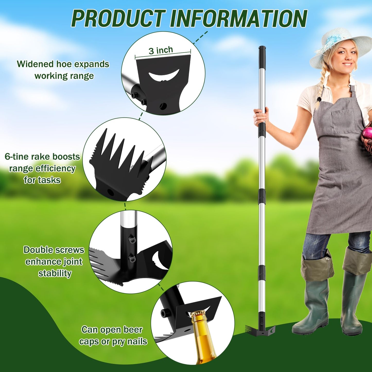 Ukiupop Weed Puller Tool with Long Handle – 2-in-1 Handle Garden Hoe and Weed Rake, Hoe Garden Tool for Home Gardens, Lawns, and Yards