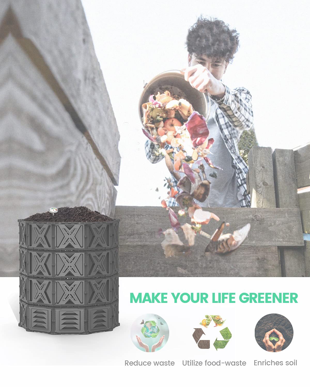 EJWOX 190 Gallon Large Outdoor Compost Bin, 720L Garden Composter with Aeration Vents, BPA-Free PP Panels, Modular Structure with Bottom Access Door and Lid