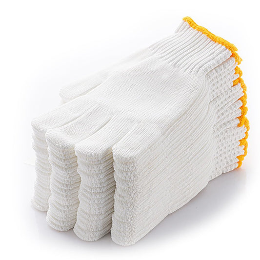 Safety Work Gloves 12 Pairs Polyester Knitted Gloves for Garage Warehouse Painter Mechanic Industrial Gardening Construction (White / Yellow Border)