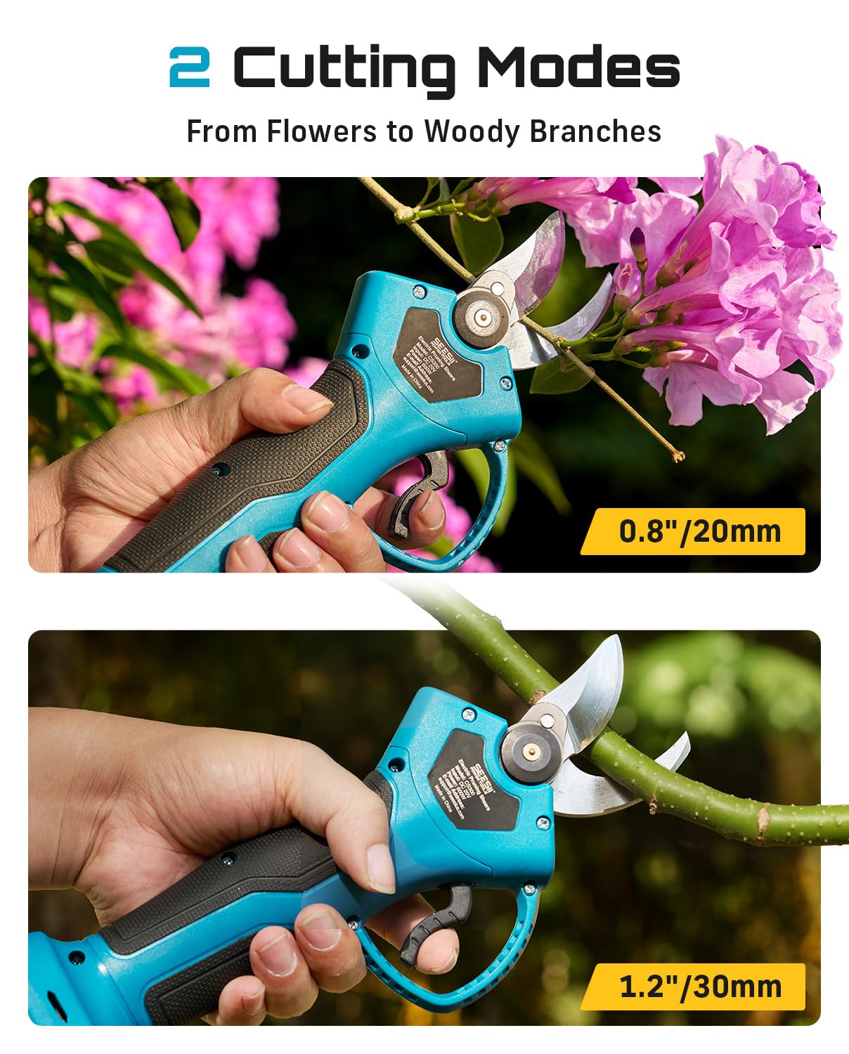 SEESII Electric Pruning Shears for Garden: 1.2" Cutting Diameter Cordless Power Pruner, 2*2000mAh Batteries, Brushless Motor, Extra SK5 Blade, 2 Modes Battery Powered Branch Cutter for Tree Trimming