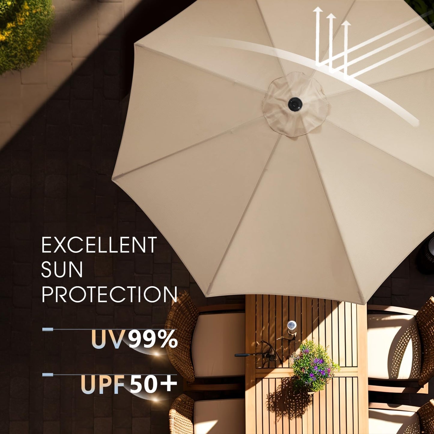 wikiwiki 9FT Patio Umbrella with Base, Outdoor Umbrellas with Base Included, 8 Sturdy Ribs, Waterproof Fade Resistant POLYESTER DTY Canopy for Deck, Lawn, Garden, Backyard & Pool, Beige