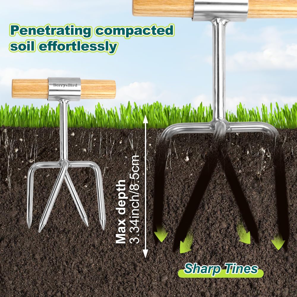 Berry&Bird Twist Tiller - 4 Stainless Steel Tines Hand Tiller for Aerating, Loosening Soil and Removing Weed, Garden Cultivator Tiller with Wooden Handle, Perfect for Raised Beds, Borders & Containers
