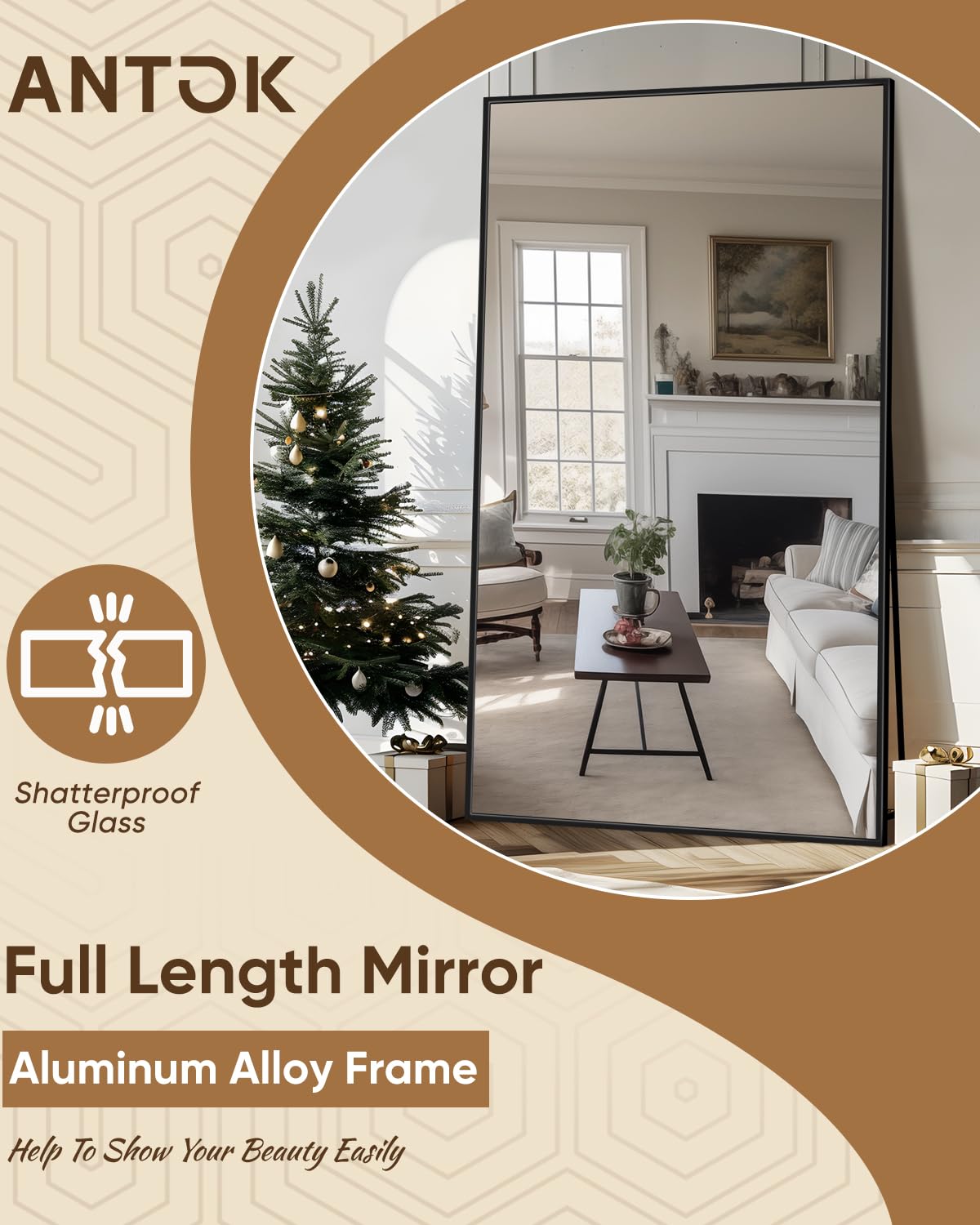 Antok Full Length Mirror, 72"x44" Floor Mirror, Floor Standing Freestanding Full Body Mirror with Stand for Bedroom, Hanging Mounted for Living Room Cloakroom, Black