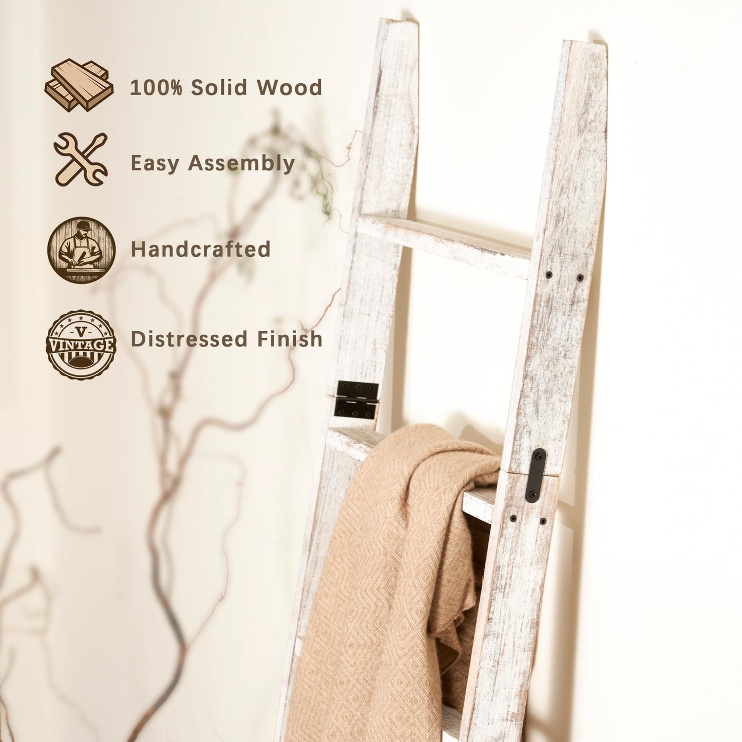 Blanket Ladder for The Living Room 6-Tier, Wooden Decorative Quilt Holder for Bed Room, Wall-Leaning Towel Rack for Bathroom，Rustic Farmhouse Ladders for Display. (White Wash)