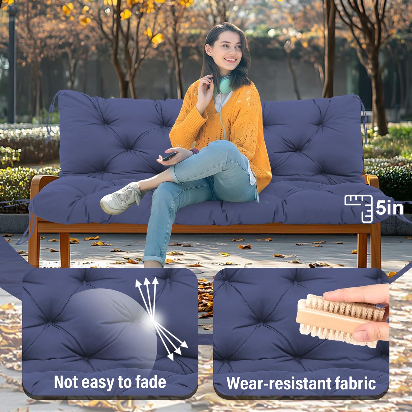 HZMGPCM Extra Thick 5" Waterproof Porch Swing Cushions Outdoor 60 inch Swing Cushions 3 Seater Replacement with Backrest and Ties for Outdoor Furniture Patio Bench Garden(Navy Blue)