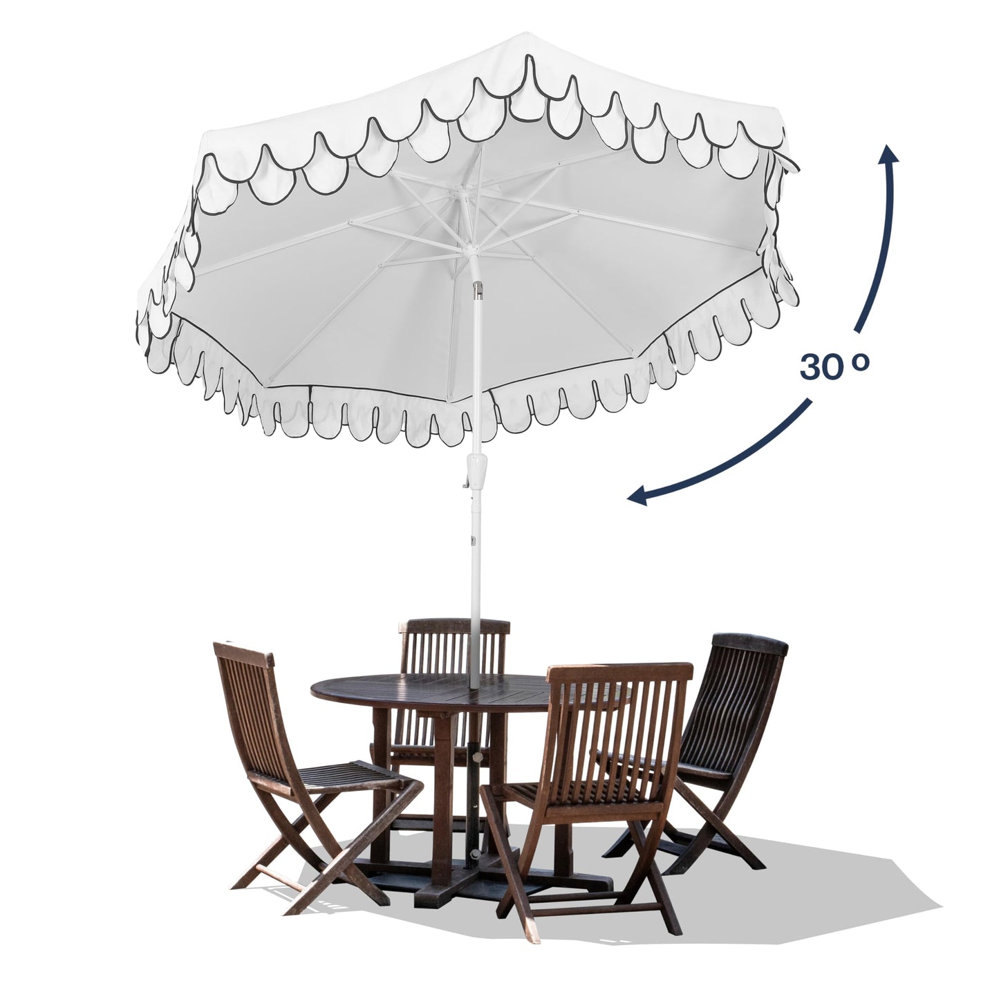 JONATHAN Y UMB1002D Tracy 9 ft. Classic MidCentury Scalloped Fringe Market Patio Umbrella with Auto-Tilt, Crank, Wind Vent and UV Protection in White/Black
