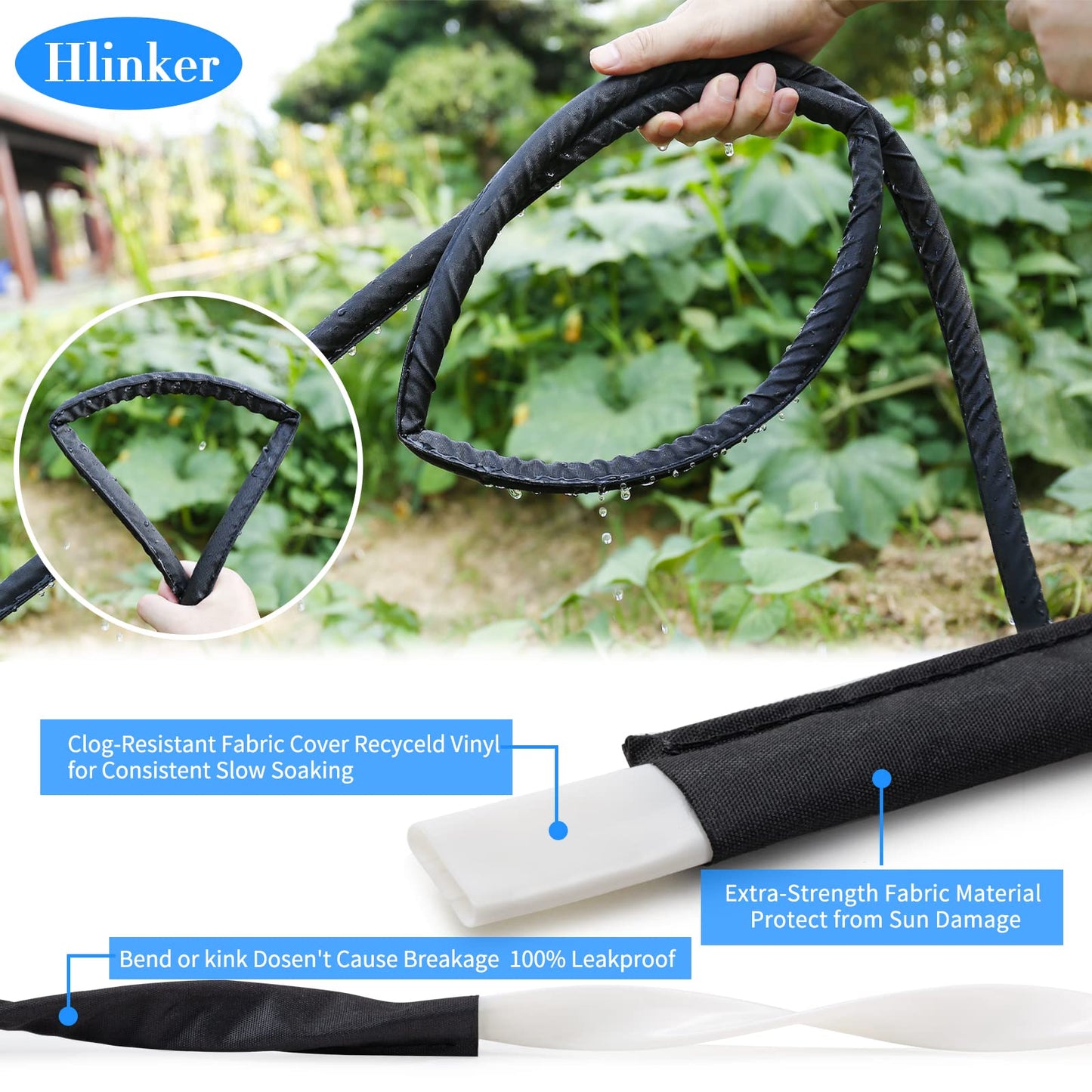Hlinker Flat Soaker Hose 100 FT for Garden Beds, 50Ft 2Packs 1/2" Linkable Consistent Drip Irrigation Hose Save 80% Water, Leakproof Heavy Duty Double Layer Sprinkler Hose
