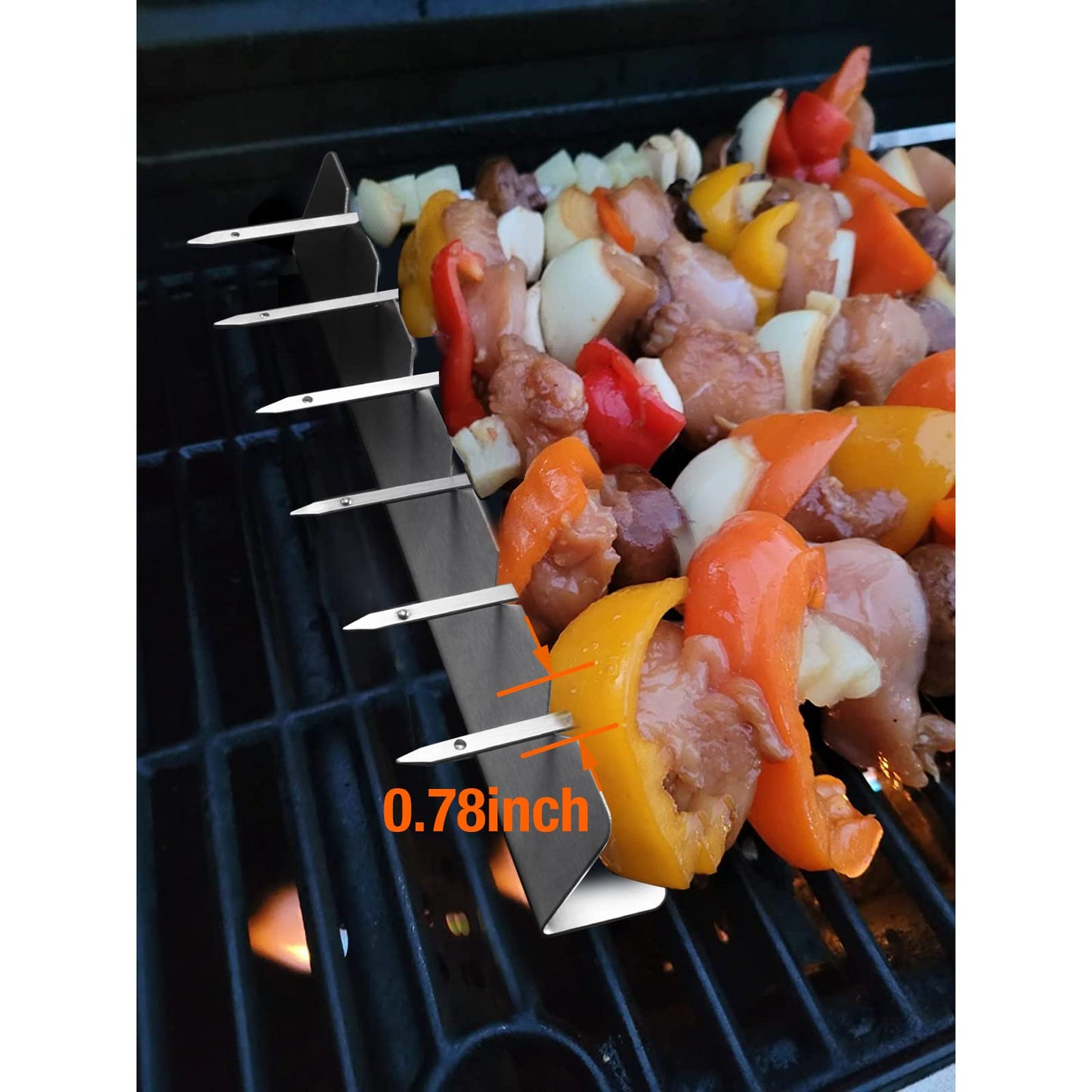 Kabob Skewers Rack Set of 2, Stainless Steel Skewers Holder with 6 Notch Compatible with Wood, Bamboo, Round, Metal, Flat Skewers for Grilling, BBQ Grilling Accessories (Pouch Included)