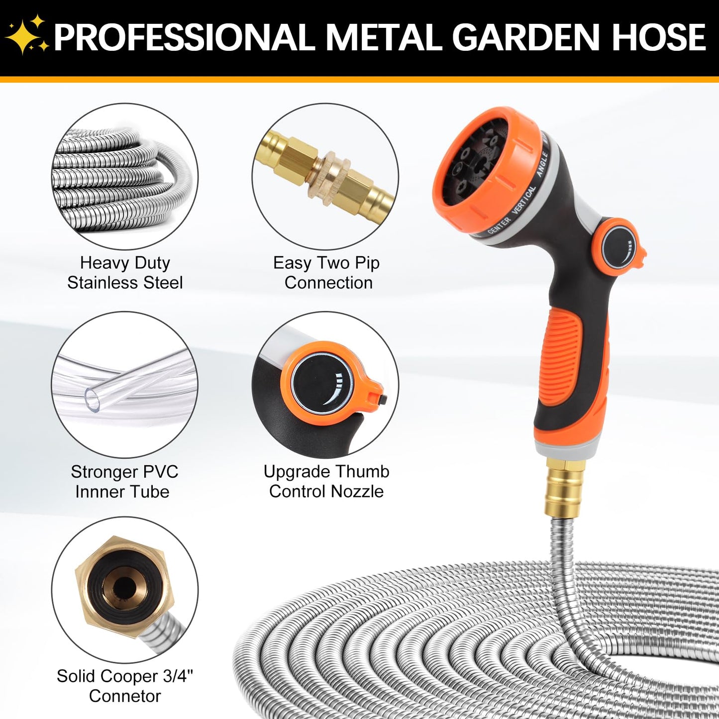 SPRIKIR Metal Garden Hose 100 ft, Stainless Steel Water Hose 100ft with 10 Function Nozzle & 3/4 Copper Fitting, Heavy Duty & Flexible, Kink Free & Lightweight for Yard, Outdoor, Lawn, Patio & Car