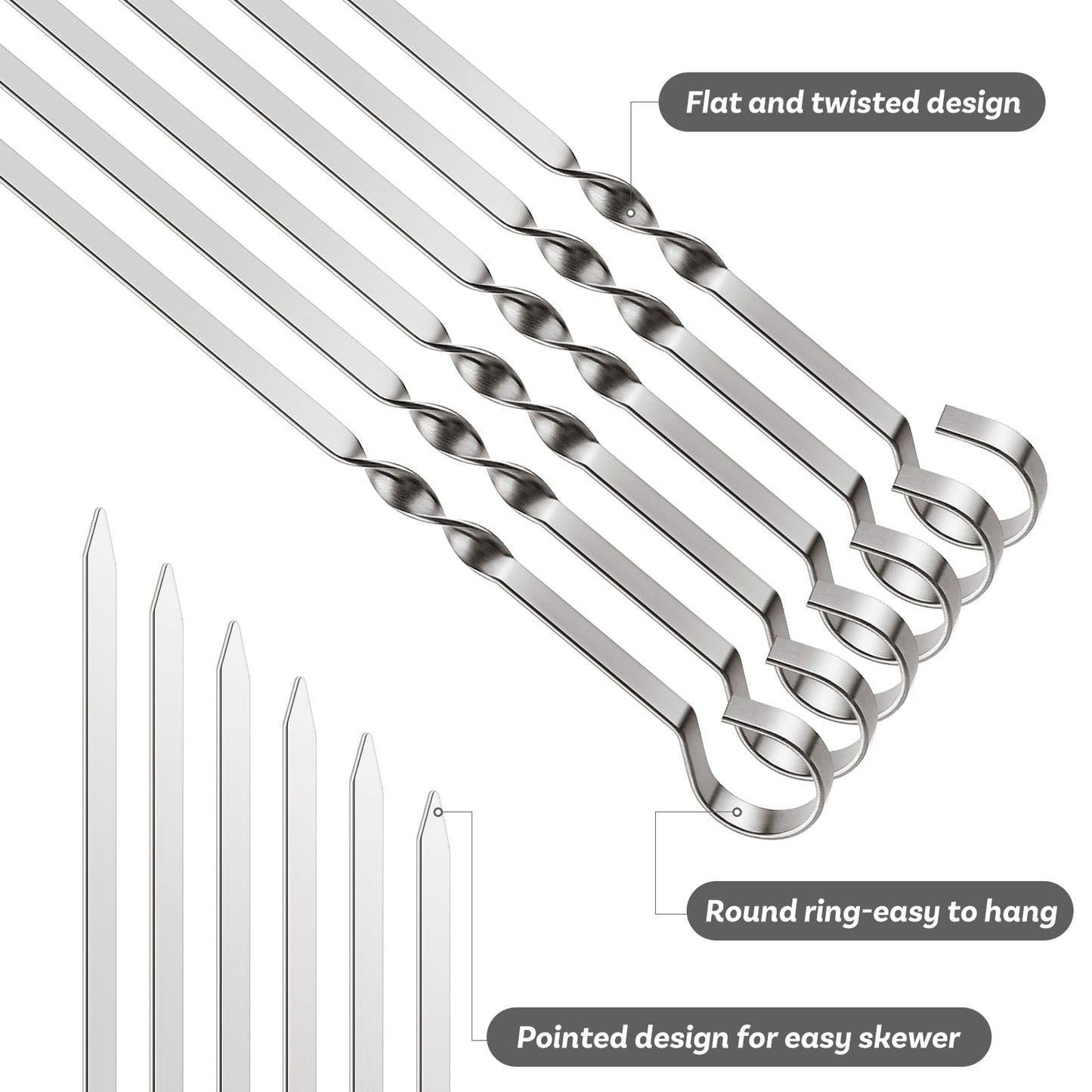 6 Pack Metal Skewers Grilling Stainless Steel BBQ Skewers Set, 6 Pack 40.5 cm / 16 Inch Metal Kebab Skewers with 2 × 30 cm Skewer Holders, Heavy Duty Flat Grill Skewers for Meat & Vegetables