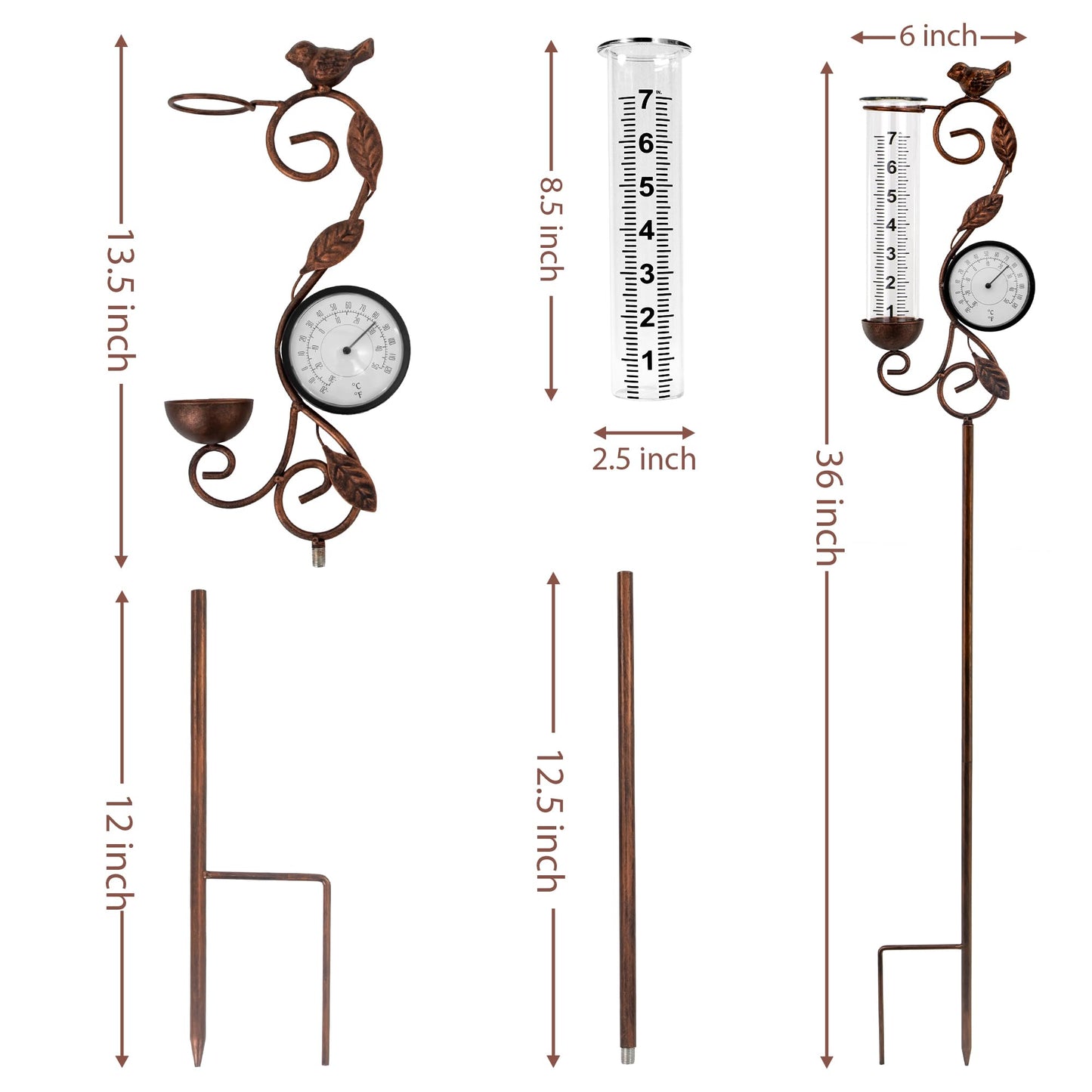 32" Garden Rain Gauge with Thermometer - 7" Glass Tube for Outdoor Indoor Use, Patio Yard Decor Statue