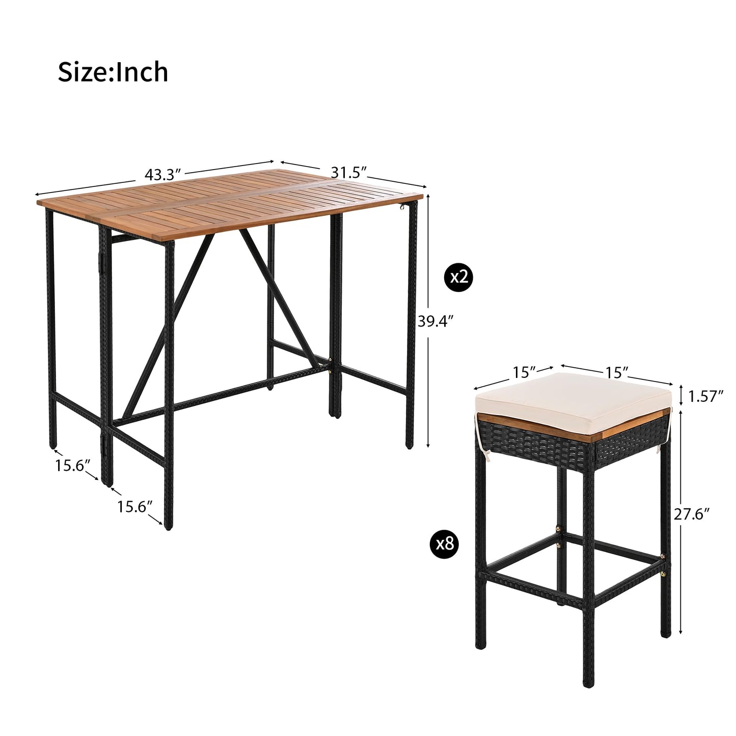 Merax 10-Piece Outdoor Bar Height Table Set with 8 Stools & Cushions, Foldable Acacia Wood & PE Rattan Wicker Patio High-Dining Bistro Set, All-Weather Brown Furniture for Garden, Deck or Backyard
