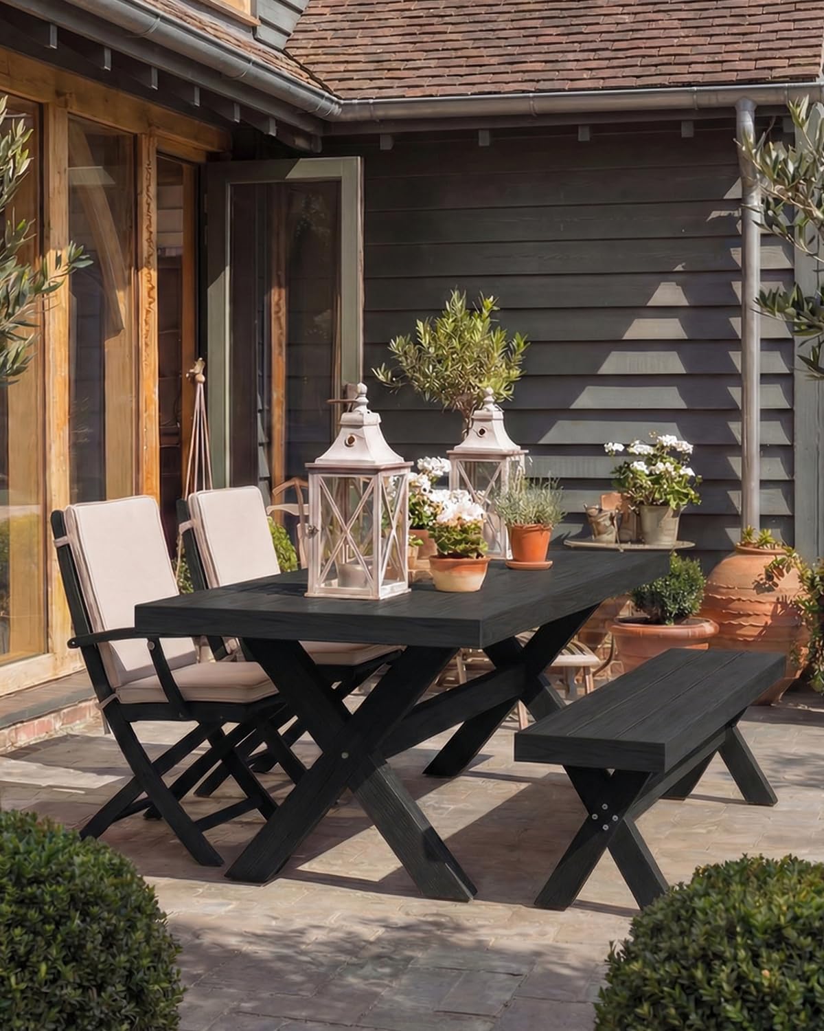 Kibaso HIPS Outdoor Bench, X-Shaped Modern Backless Garden Bench for 2 Person, All Weather Patio Bench with Wood Grain Texture, Easy Assembly for Garden, Porch, Backyard & Park-Wood-Grain Black