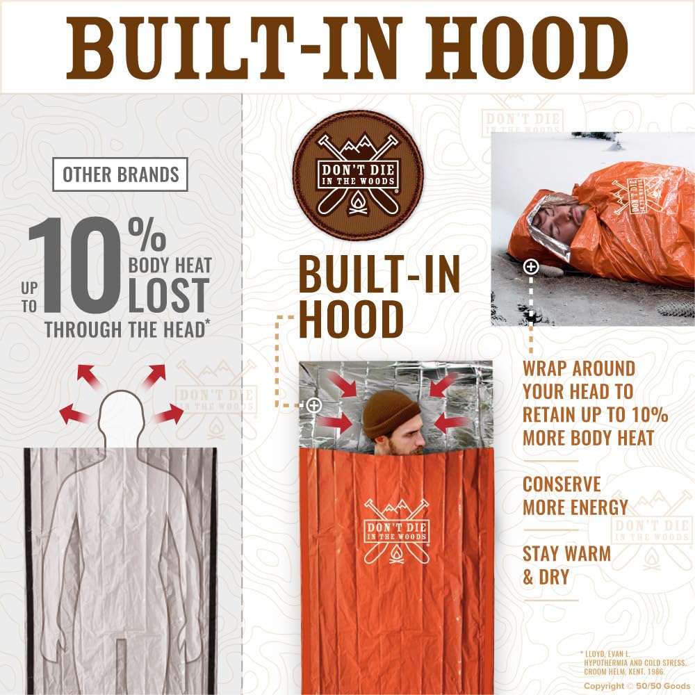 Don’t Die in The Woods - Emergency Sleeping Bag with Hood - Made with Extra Thick Thermal Mylar - Hiking Camping Blanket Survival Gear Essentials Tactical Car Disaster First Aid Kit (Orange)