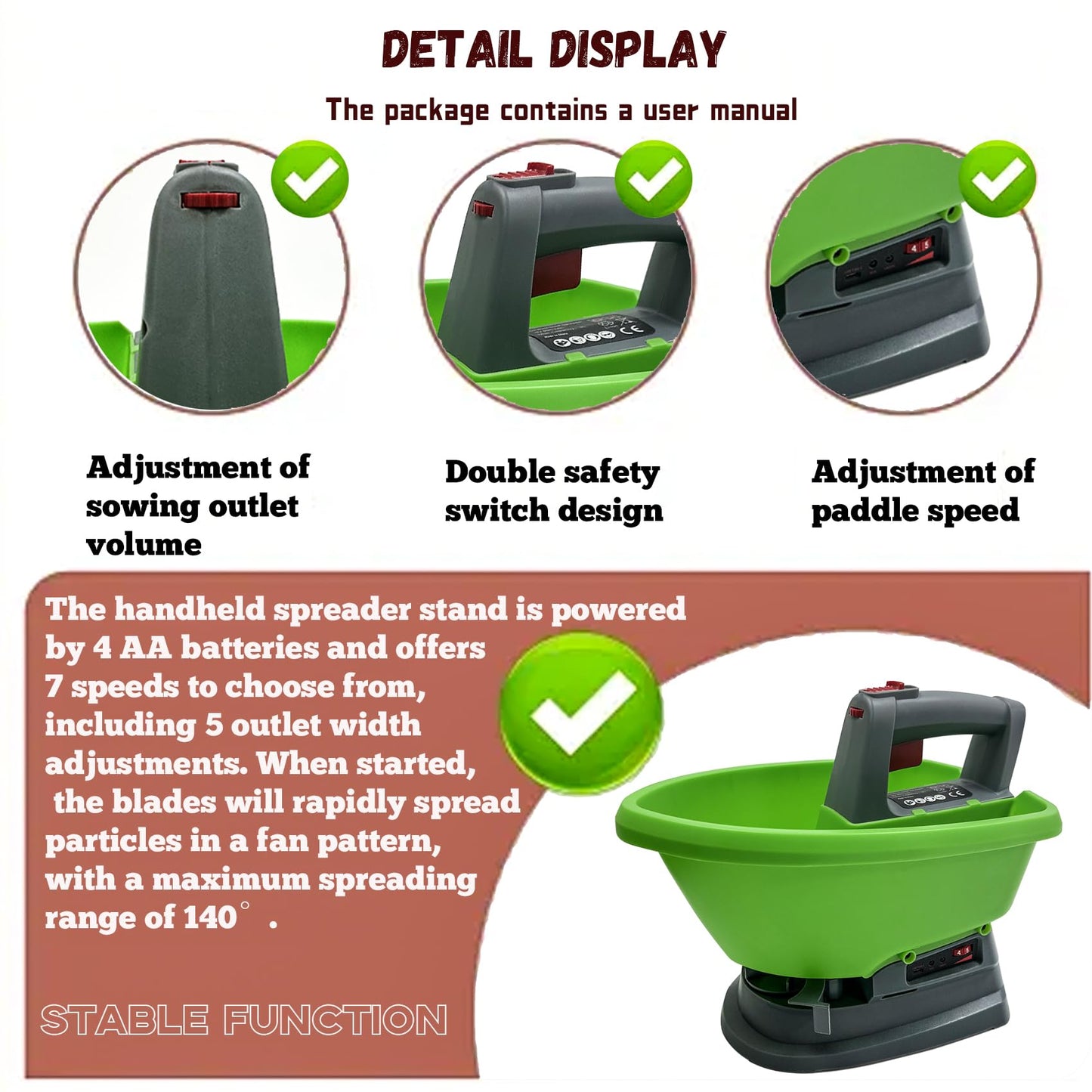 Handheld Power Spreader, Electric Seed Spreader, Electric Fertilizer Spreader, Handheld Seed Spreader, Type-C Smart Charging Port, Ultra-long Battery Life, No Battery Backup Required, 3-Year Warranty