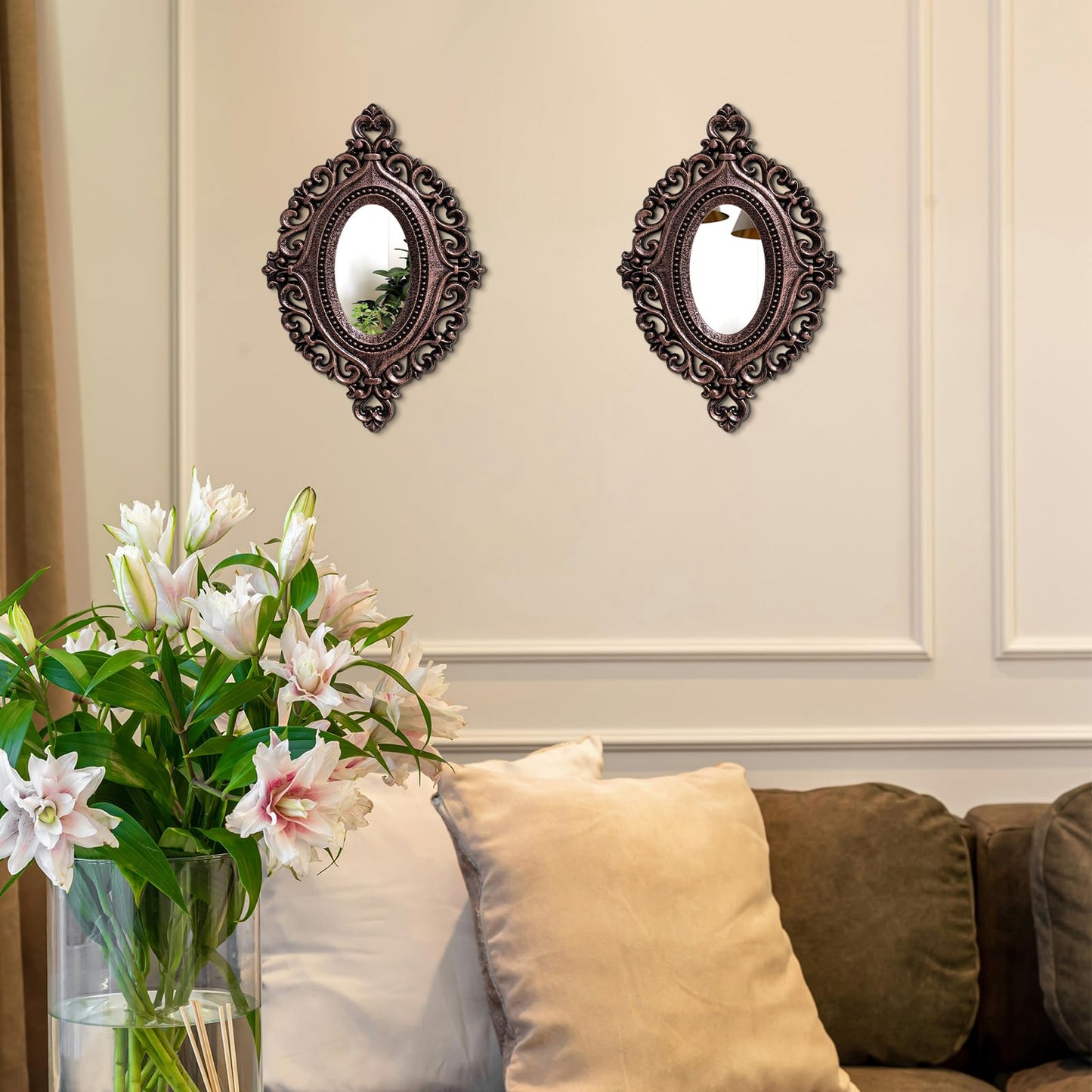 Cityelf 2 Set Oval Wood Carved Wall Mirror Baroque 3D Relief Rustic Home Decor Small Decorative Hanging Mirrors for Living Room, Bedroom Entrance Wall Sculpture