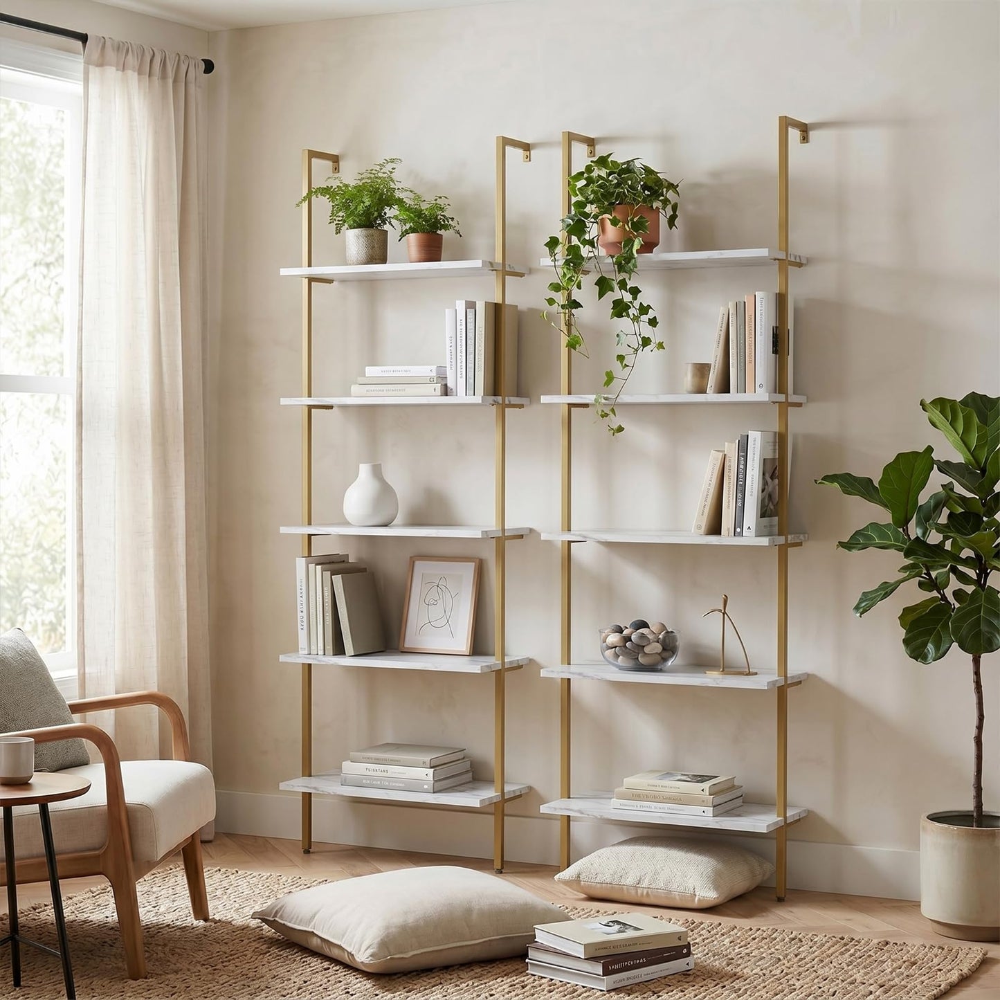 aboxoo Ladder Shelf 2PCS White Marble Bookshelf 5-Tier Wall-Mounted Wood Rack Open Industrial Modern Plant Flower Stand Utility Organizer Bookcase Metal Frame Furniture Office Kitchen Bedroom