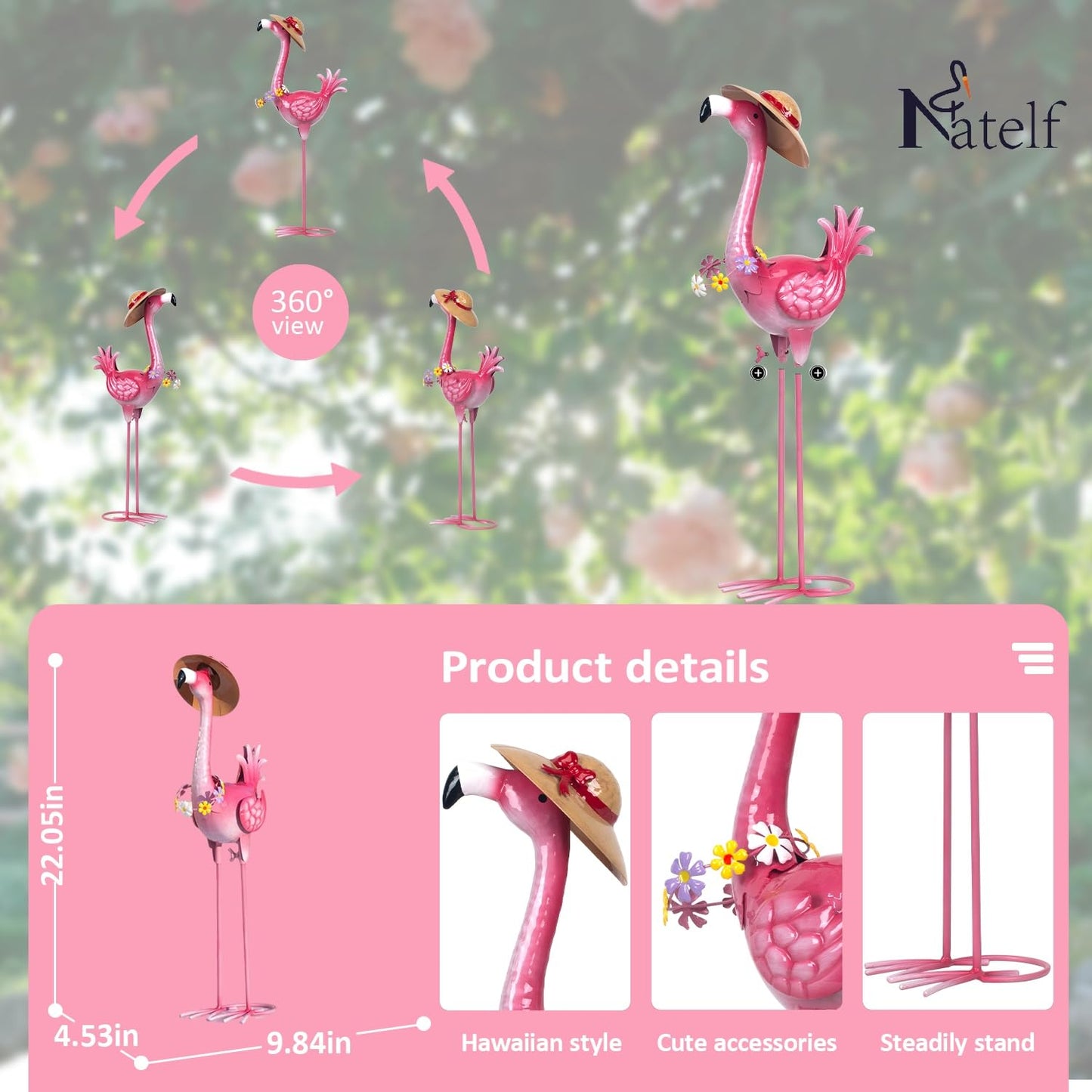 Natelf Flamingo Metal Garden Statue Outdoor Pink Hawaii Flamingo Yard Art Sculpture Decor with Flower Lei & Straw Hat, Waterproof Rust-Proof Lawn Decor for Patio, Poolside, Tropical Party