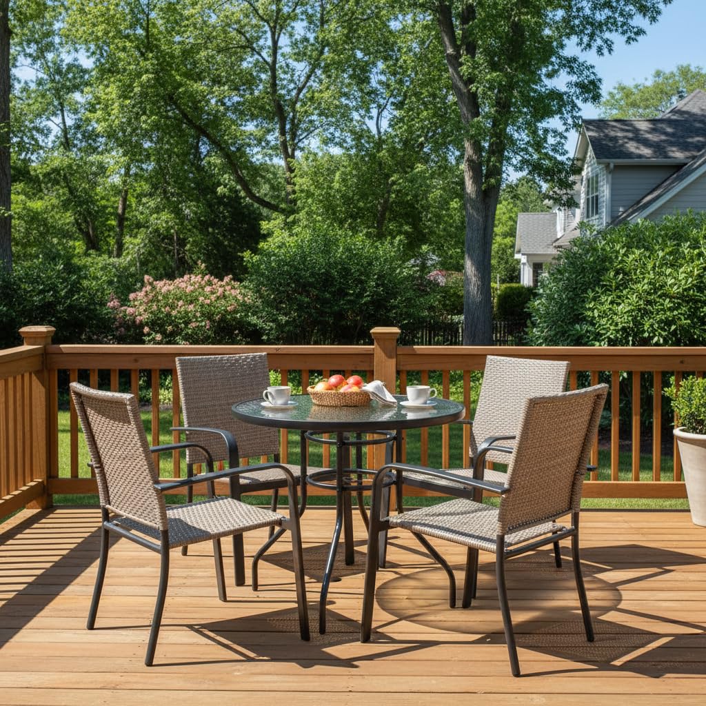 Tangkula 32" Round Outdoor Table with Tempered Glass Top, Patio Dining Table with Umbrella Hole & Metal Frame, Outside Bistro Table for Backyard, Lawn, Deck & Poolside