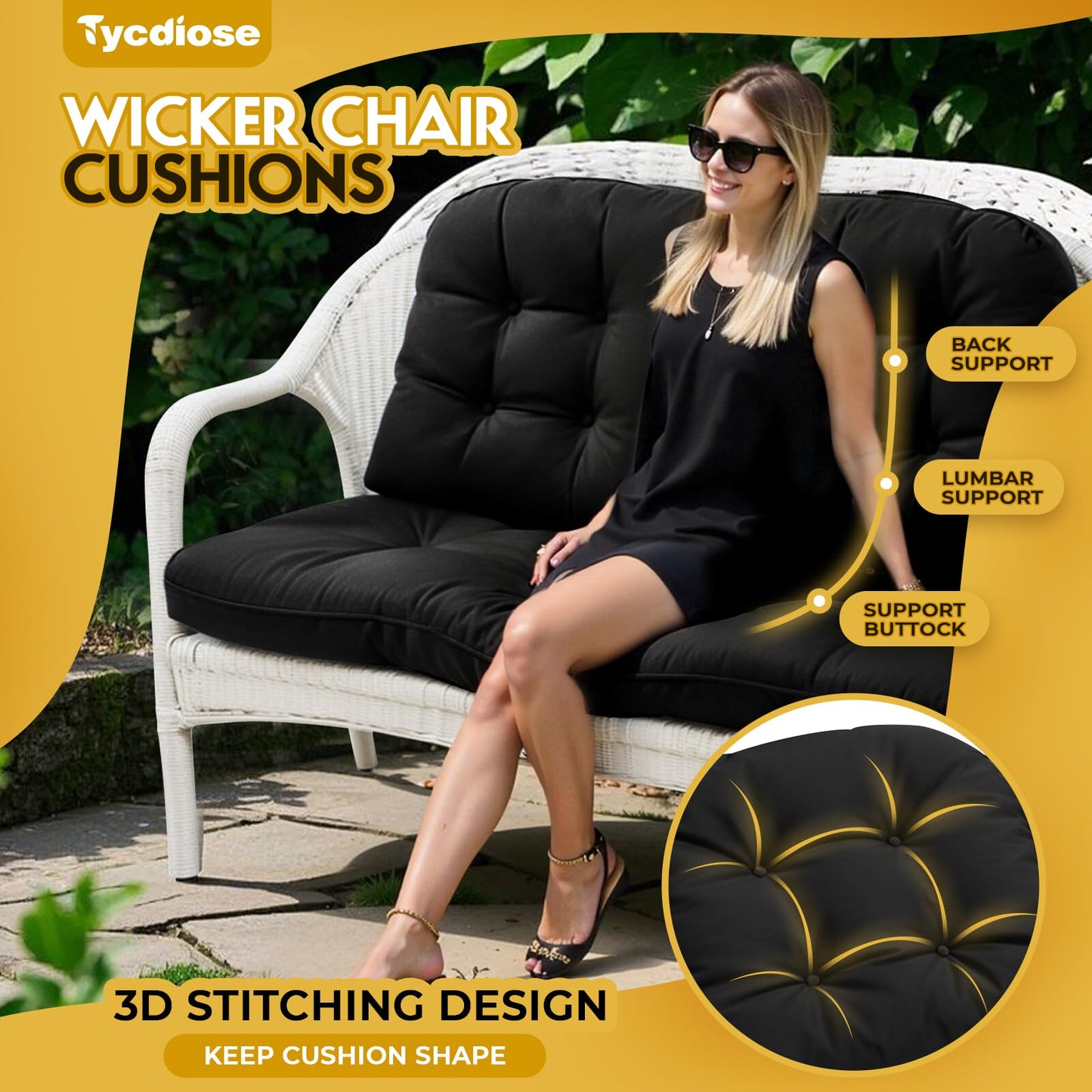Tycdiose All Weather Wicker Chair Cushions of 3 Pieces, Waterproof Outdoor Wicker Chair Cushion for Patio Furniture Loveseat Settee Bench, 1 Loveseat and 2 U-Shaped Thickened Cushions, Black