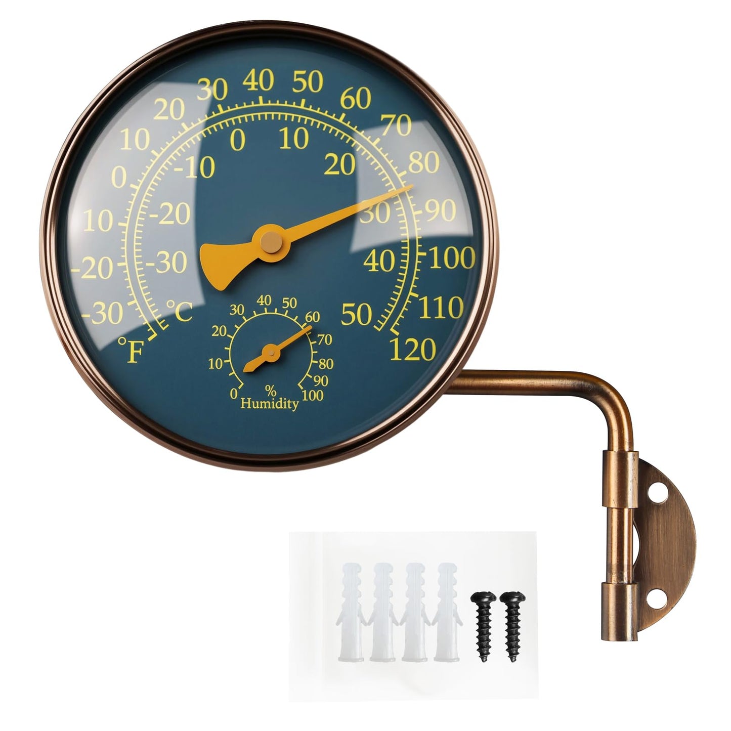 Foxyoo 4-Inch Outdoor Thermometer and Humidity Gauge, Window Thermometer for Outside Temperature and Humidity Monitor, Brass Analog Dial, Battery-Free for Patio, Garage, Greenhouse, Garden, Wall