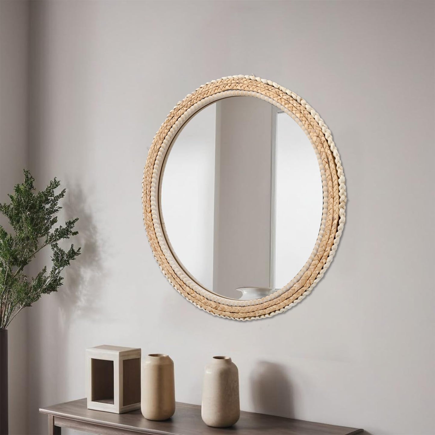 FUIN 24" Rattan and Wood Round Mirror for Boho Bathroom, Entryway, Living Room Decor