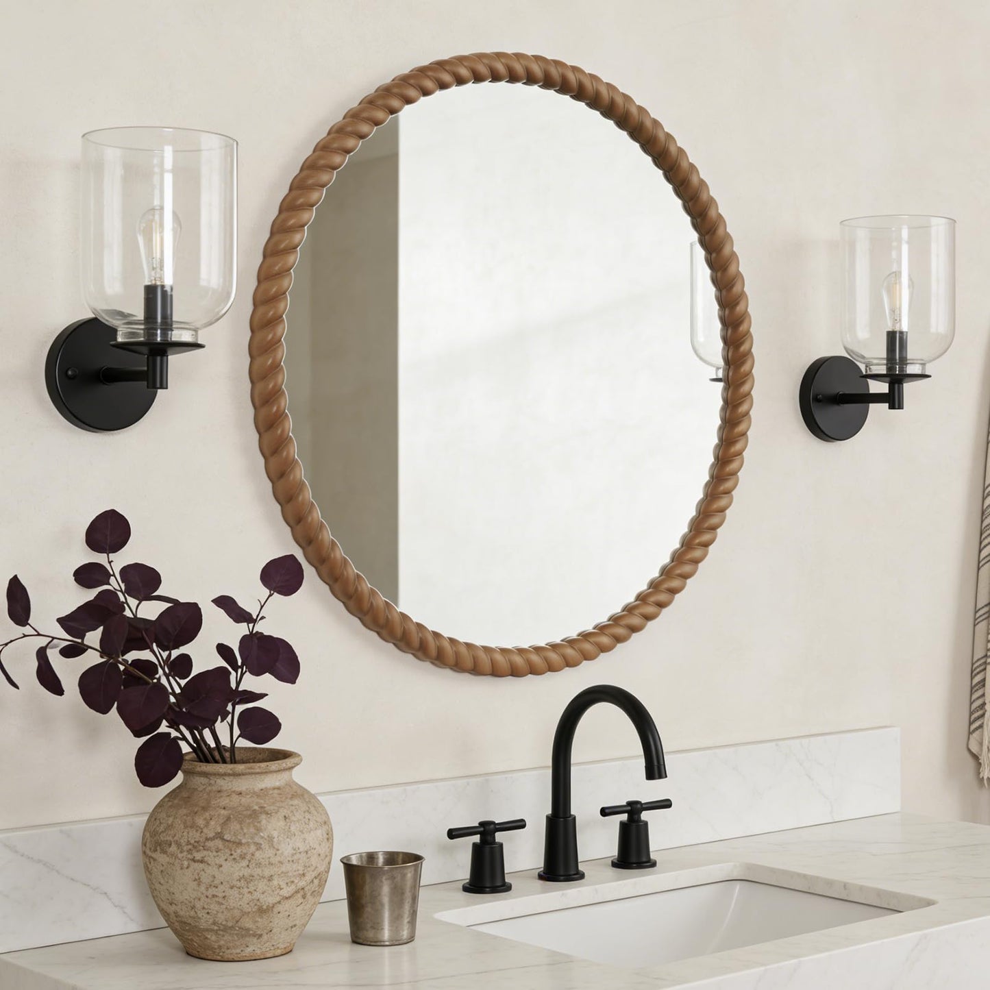 WallBeyond 30" Round Mirror with Rope-Design Frame, Large Circle Wall Mirror for Bathroom, Bedroom, Entryway & Living Room, Natural
