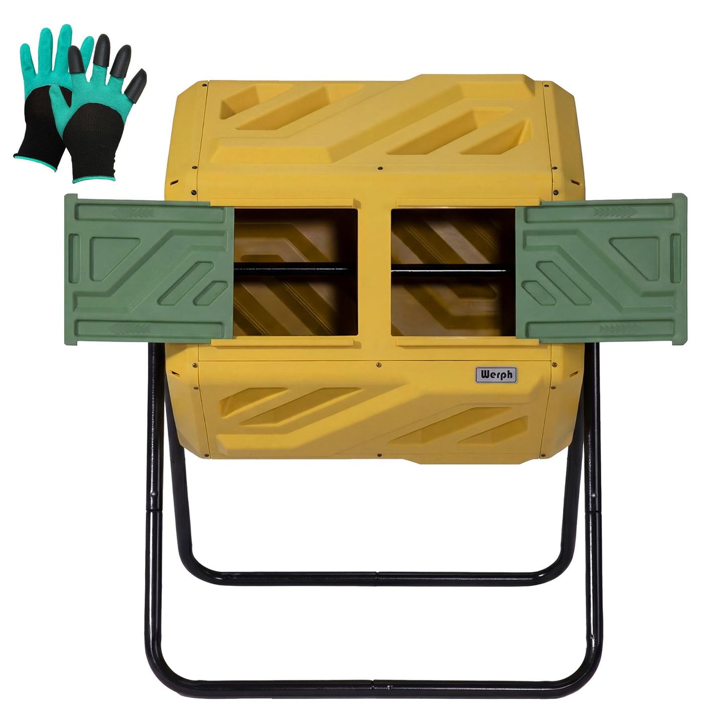 Werph Updated 43 Gallon Dual-Chamber Compost Bin, Fast Assembly Outdoor Compost Tumbler, Rotating Batch Composter Bin with Gloves for Garden, Kitchen, and Yard