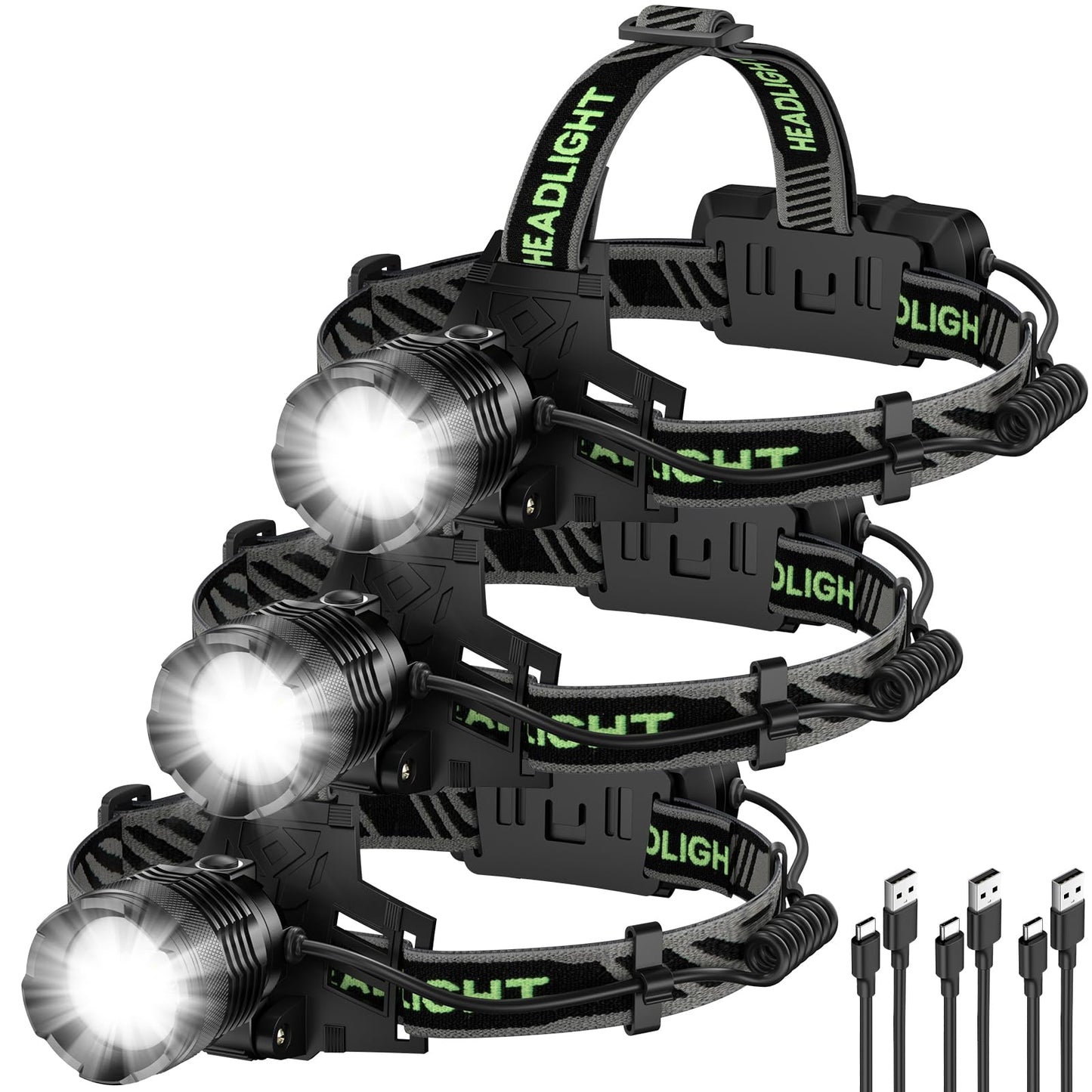 Kungf Rechargeable Headlamp 3 Pack, 99,000 Lumens Super Bright Head Lamp with 3 Modes, 90° Adjustable LED Head Light for Forehead, IPX6 Waterproof Headlamps for Adults,Camping,Hiking