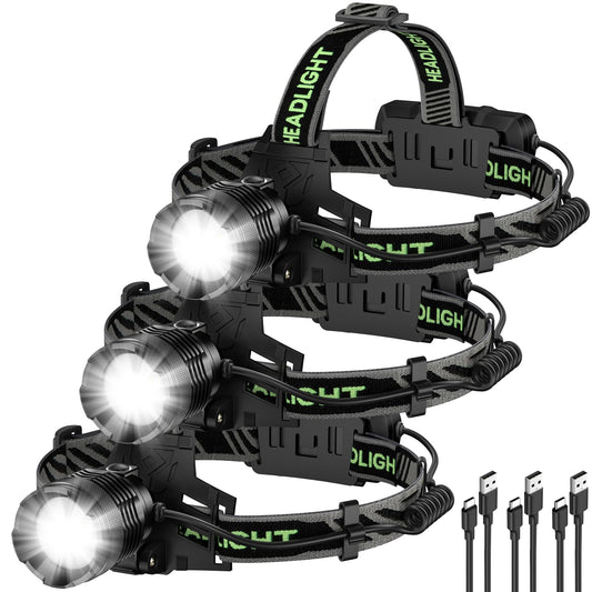 Kungf Rechargeable Headlamp 3 Pack, 99,000 Lumens Super Bright Head Lamp with 3 Modes, 90° Adjustable LED Head Light for Forehead, IPX6 Waterproof Headlamps for Adults,Camping,Hiking