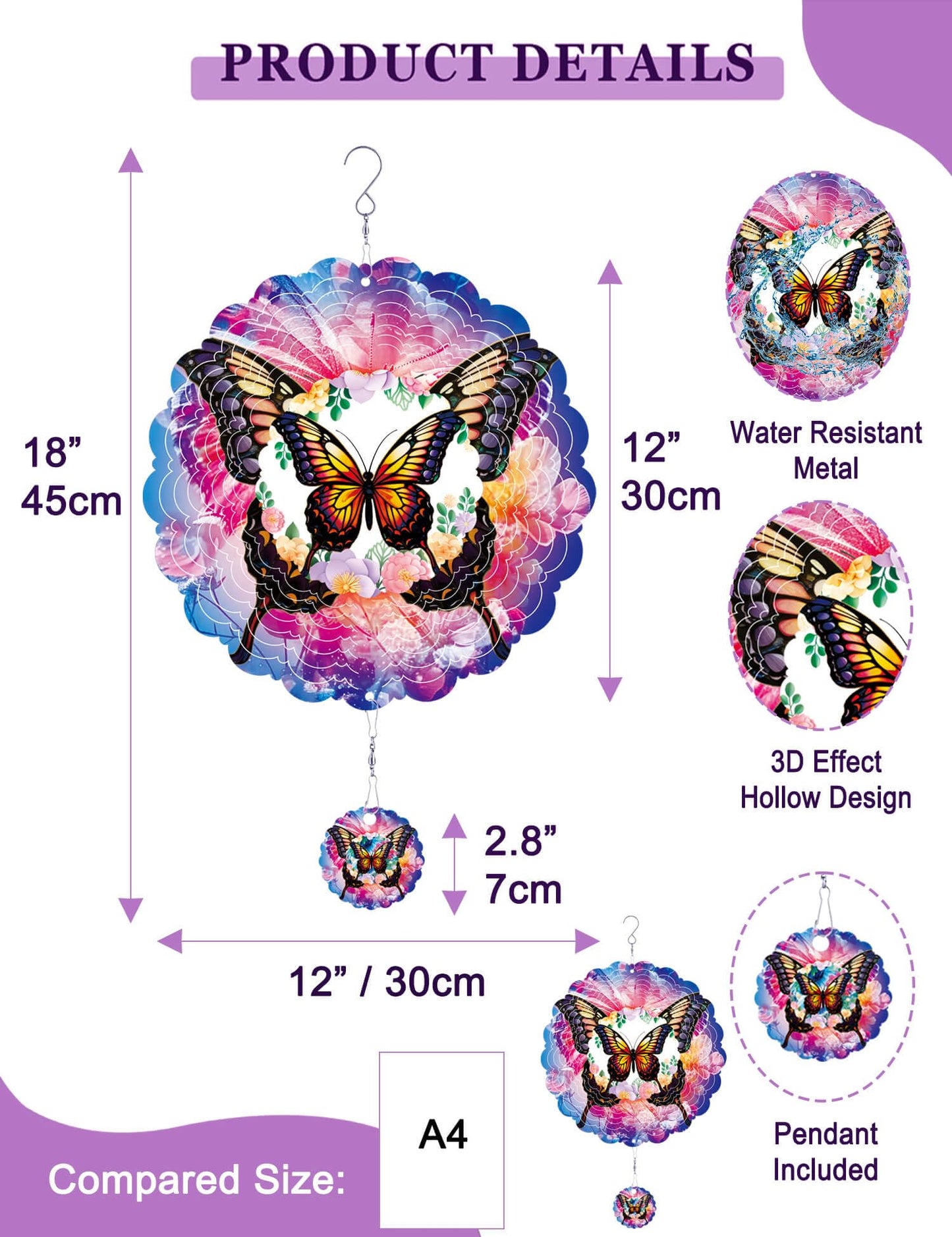Wind Spinner Butterfly - 12In Laser Cut Stainless Steel Wind Spinners Outdoor, 3D Kinetic Hanging Sculpture, Rustproof Metal Garden Decor Yard Art, Unique Gift for Women, Men, Holidays