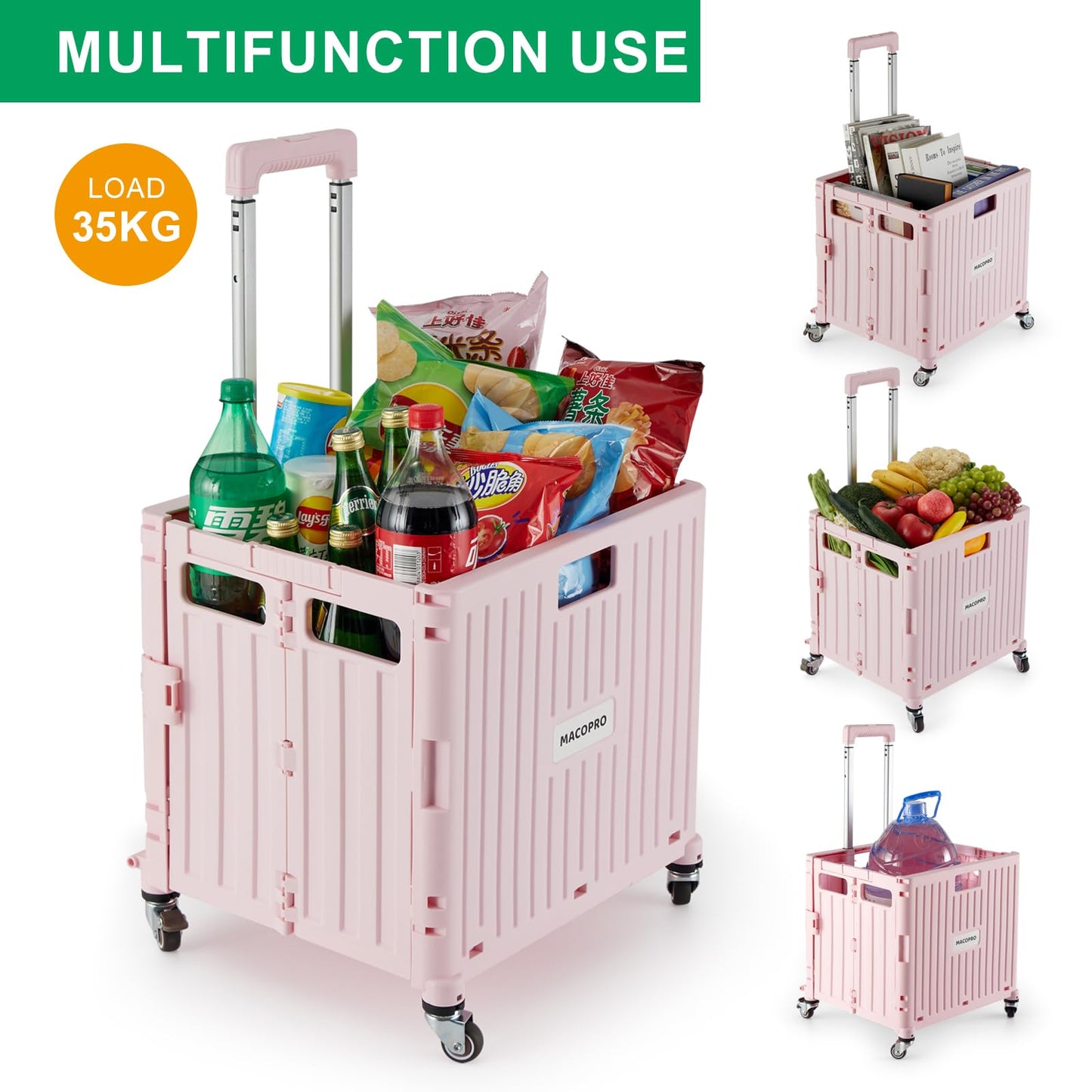 MACOPRO Folding Utility Cart Portable Rolling Crate Handcart Shopping Trolley Collapsible Tool Box, with Lid, Basket on 4 Rotate Wheels, for Grocery, Shopping, Office, Teacher (Pink)