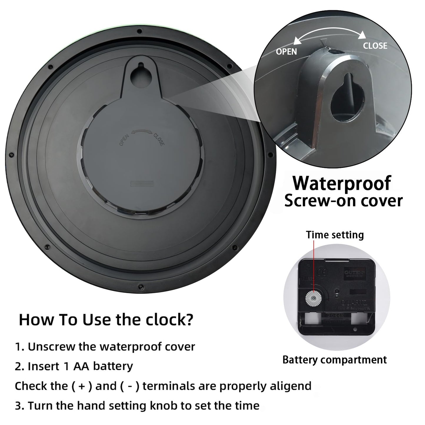 Caysie 12 Inch Sealed Indoor Outdoor Waterproof Wall Clock, Durable Silent Non-Ticking Battery Operated Quality Quartz Round Clock, Wall Decorative for Patio, Pool, Bathroom (Black)