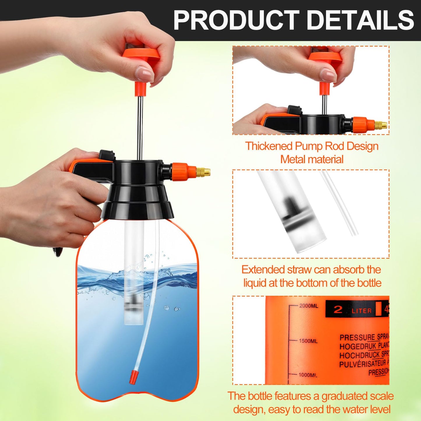Acellegic 2 Set Handheld Pump Sprayer Pump Spray Bottle Garden Sprayer Plant Mister Water Spray Bottle with Adjustable Nozzle Extended Rod for Spraying Watering Fertilizing Cleaning(2L,Orange)