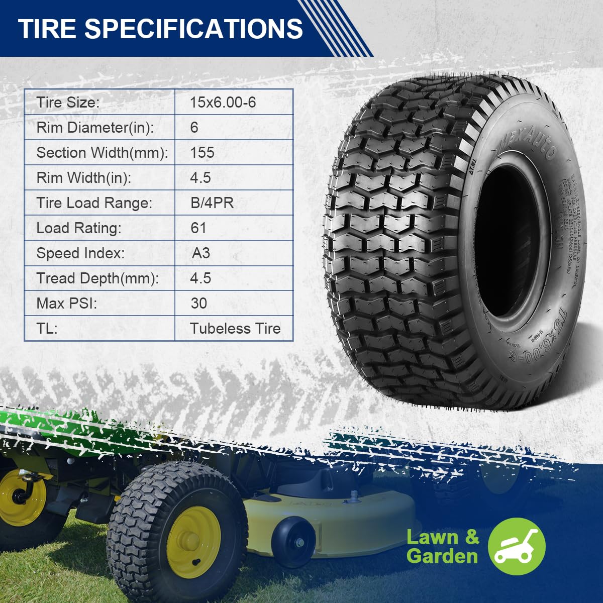 MaxAuto 15x6.00-6nhs Lawn Mower Tires 15x6x6 Lawn Tractor Tire 15x6-6 Turf Tires, 4 Ply Tubeless Tire, 565 lbs Capacity, Set of 2