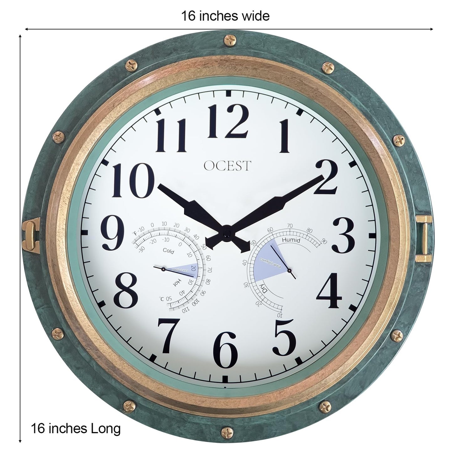 OCEST 16 Inch Indoor Outdoor Clock, Waterproof Wall Clock with Thermometer Hygrometer, Silent Non-Ticking Battery Operated Decor for Home Decor, Patio(Retro Green)