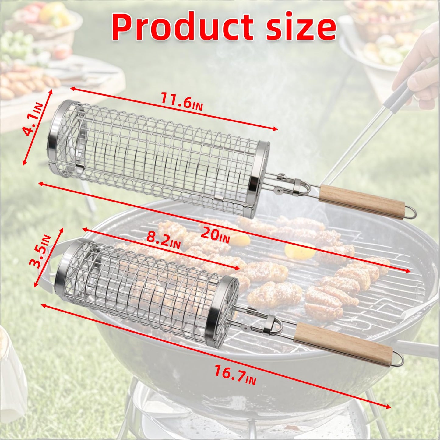 Rolling Grill Basket for Vegetables, Kebabs & Shrimp – 304 Stainless Steel BBQ Accessory with Side-Opening Design, Ideal for Outdoor Cooking & Camping (Rolling Grill Basket)