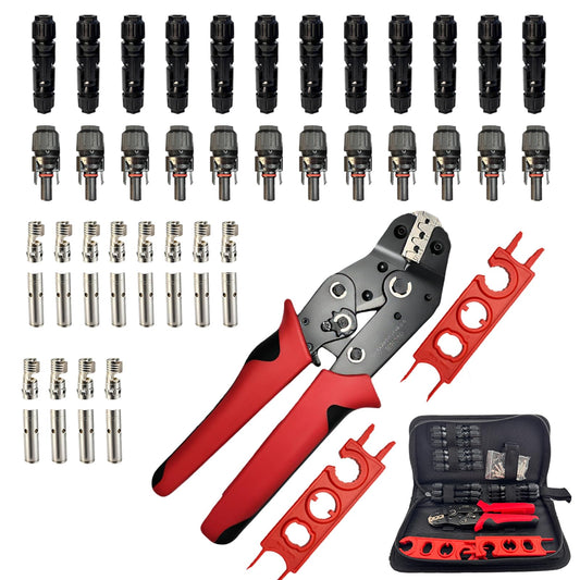 51 PCS Solar Crimper Tool Kit, Solar Panel Connector Crimping Tool with 24 Pairs Connectors,1 PCS Wire Crimper,2 PCS Multi-Functional Spanners Wrench for PV System Assembly and Installation