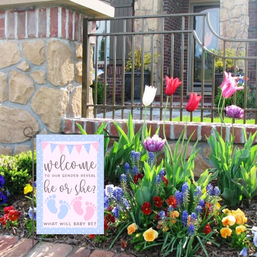 He or She Garden Flag 12x18" Double Sided Pink and Blue Flag Gender Reveal Yard Flag Boy or Girl Baby Footprint Welcome Banner Pregnancy Announcement Baby Shower Decor Gender Reveal Party Supplies