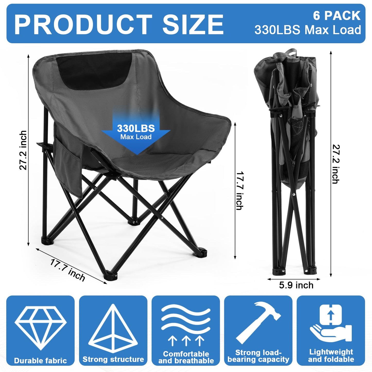 FairySandy 6 Pack Portable Folding Camping Chairs Lightweight Backpacking Chairs Collapsible Camp Chairs for Adults with Storage Bag Beach Camping Chairs for Outdoor, Picnic, Festival, Hiking, Grey