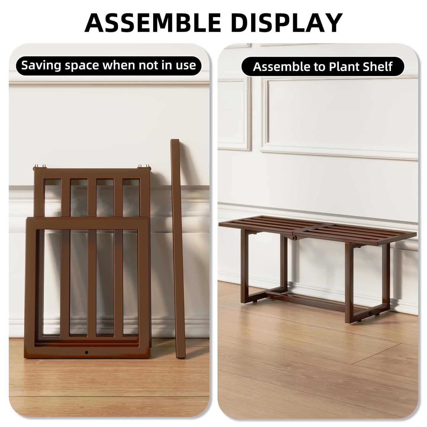 Rioneta Plant Stand Indoor Outdoor, Foldable Metal Plant Shelf for Multiple Pots, Mid Century Slatted Bench for Patio Garden, Heavy Duty Capacity 330 lbs 2 Pack Coffee