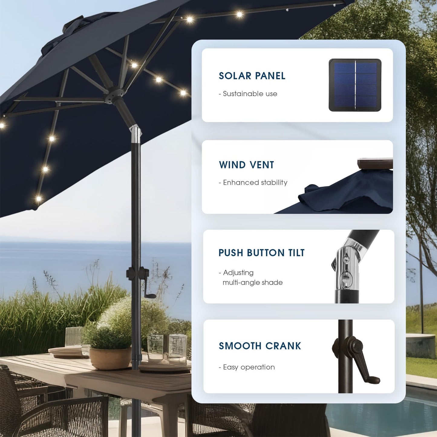 wikiwiki 7.5ft Solar Led Patio Umbrella, Sturdy Outdoor Market Umbrella for Deck, Pool, Garden w/Tilt, Crank, 18 LED Lights, Navy Blue