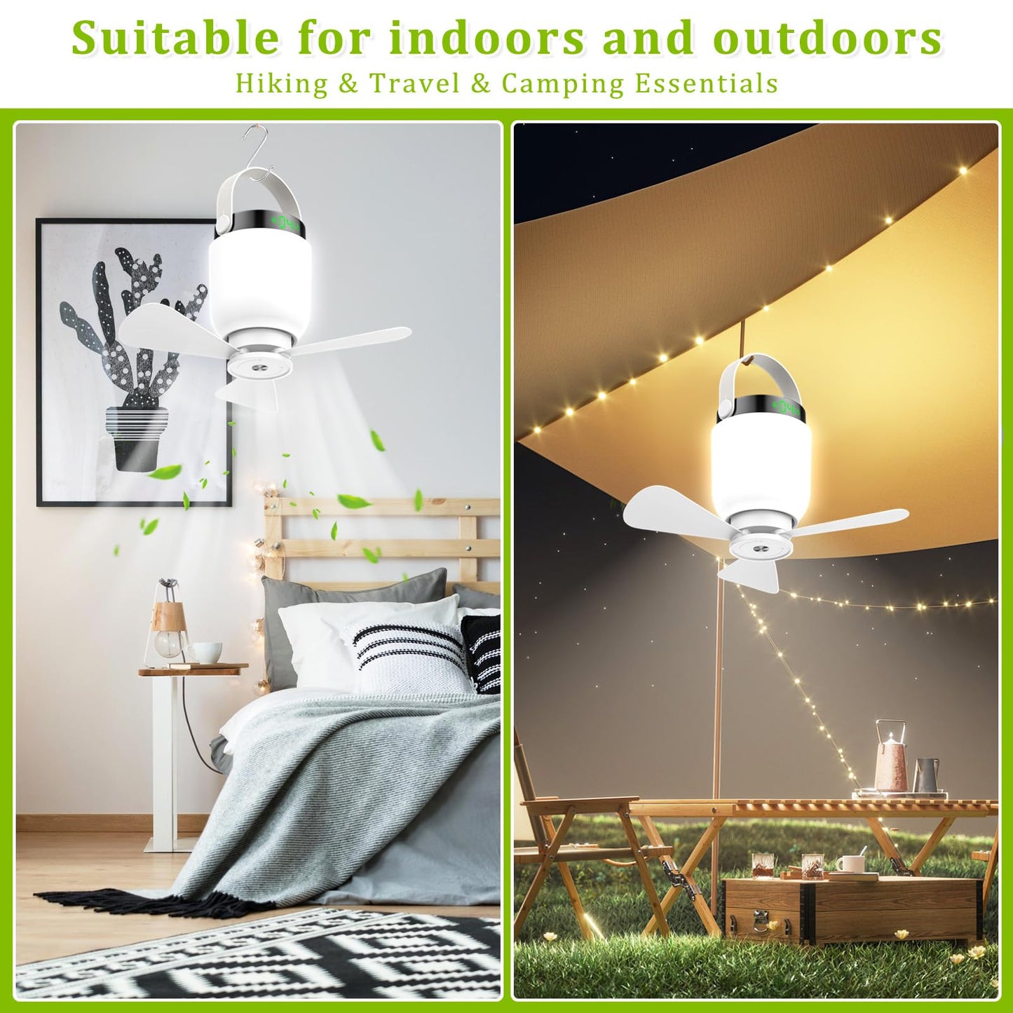 Rechargeable Camping Fan with LED Lantern, 2 in 1 Portable Small Ceiling Fan with Light for Outdoor Tent Gazebo Patio RV, USB C Battery Powered White Fan with Remote, Detachable 3 Blade Hanging Fan